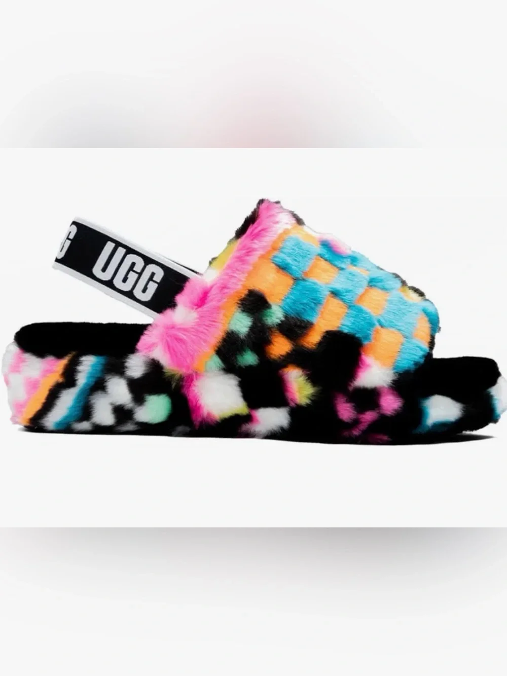 UGG Fluff Yeah Pixelate Multicolor Faux Fur Slides Size 6 NWT